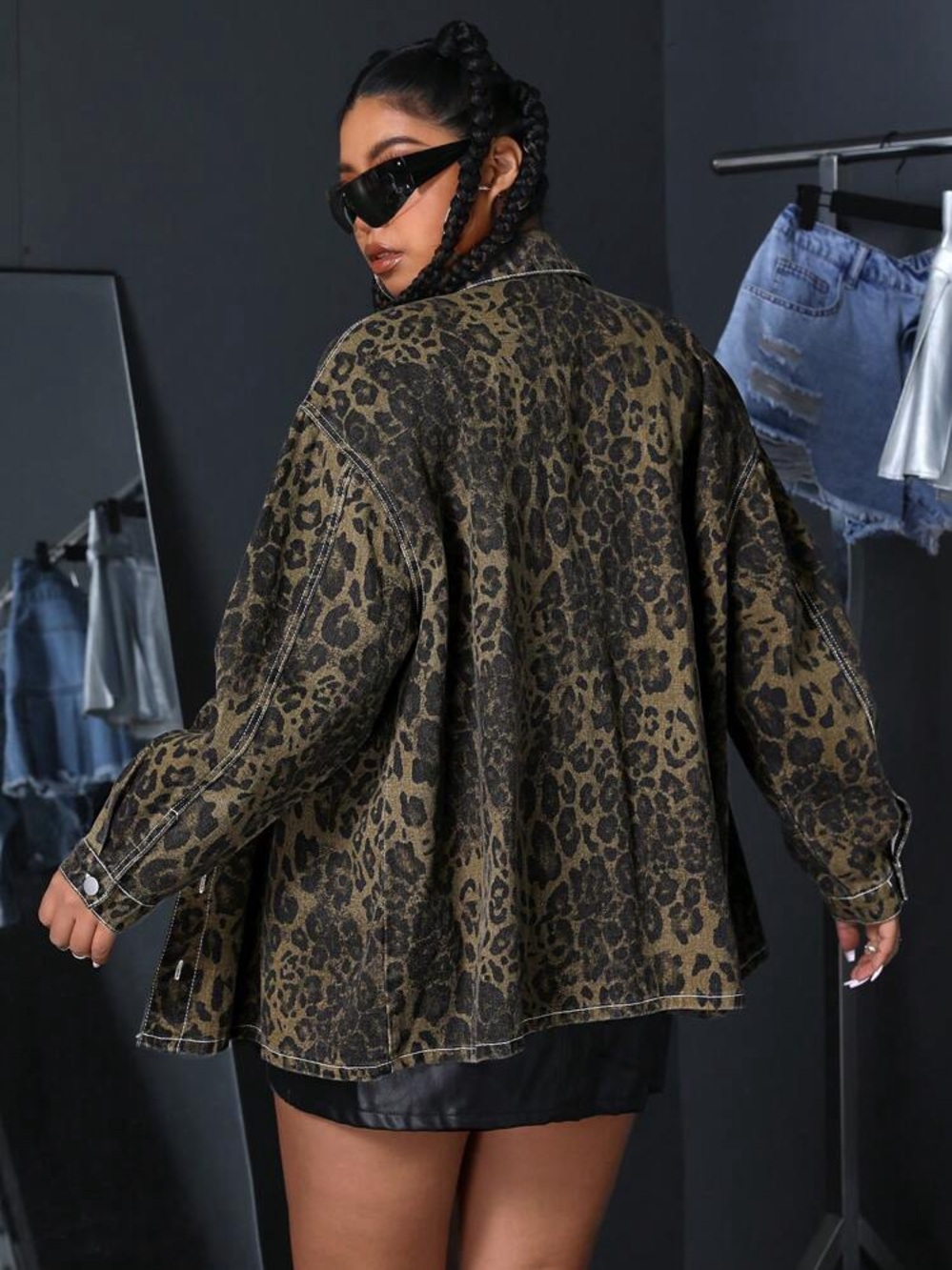 Oversized Leopard Print Jean Jacket - Olive/Black